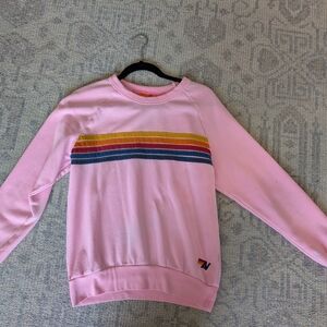 Aviator Nation Pink Crew Neck Sweater with Rainbow Stripes